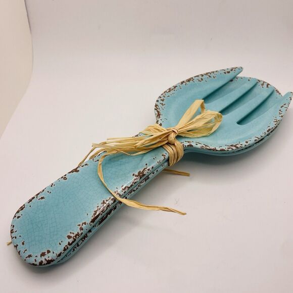 Tommy Bahama Salad Server Melamine Spoon Fork Set Turquoise Crackle Style NEW - Picture 2 of 4